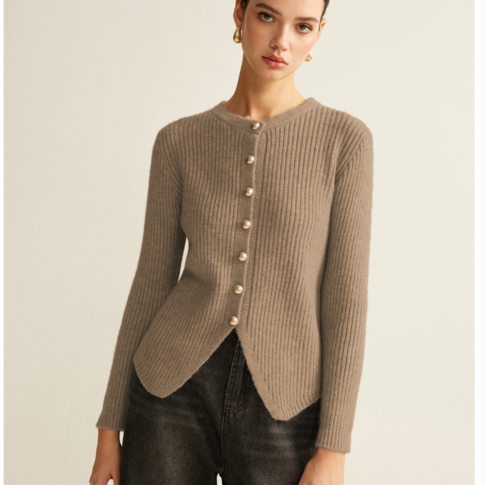 Commense Ribbed Button-Up Cardigan - Brown